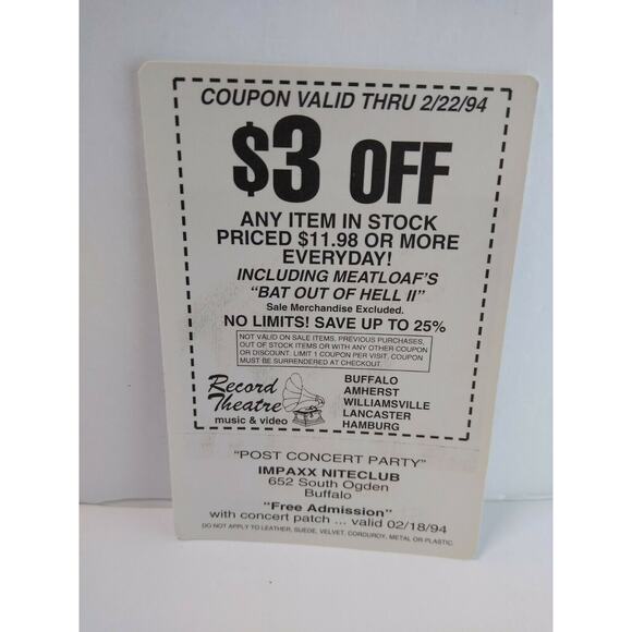 Meat Loaf Backstage Pass Bat Out Of Hell II 1994 Concert Tour Shea's Theatre - Picture 5 of 5